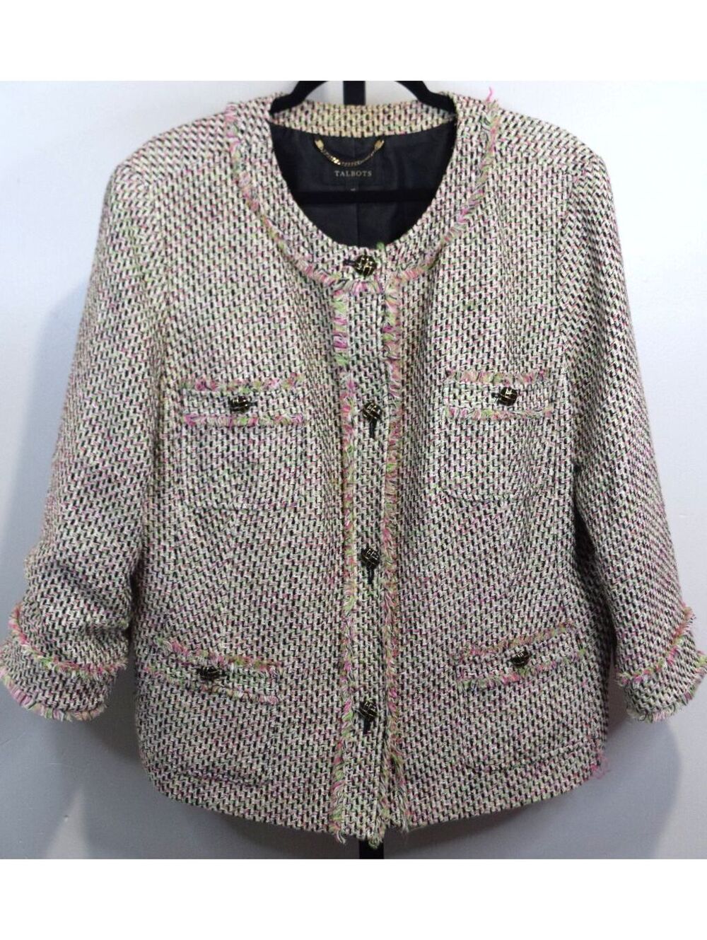 Talbots Tweed Jacket Multicolor Boucle Fringe Trim Plus Size 20 Gold Buttons